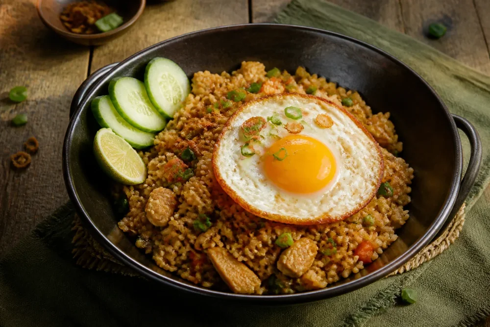 Nasi goreng s kuřecím masem, sázeným vejcem, okurkou a limetou