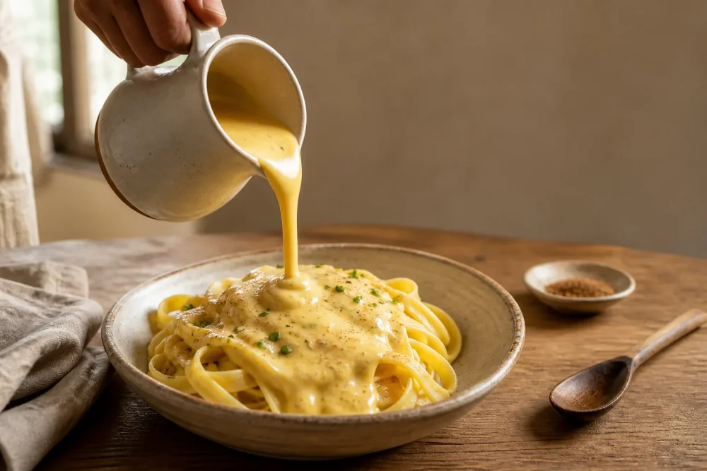 Krémová sýrová omáčka nalévaná na tagliatelle
