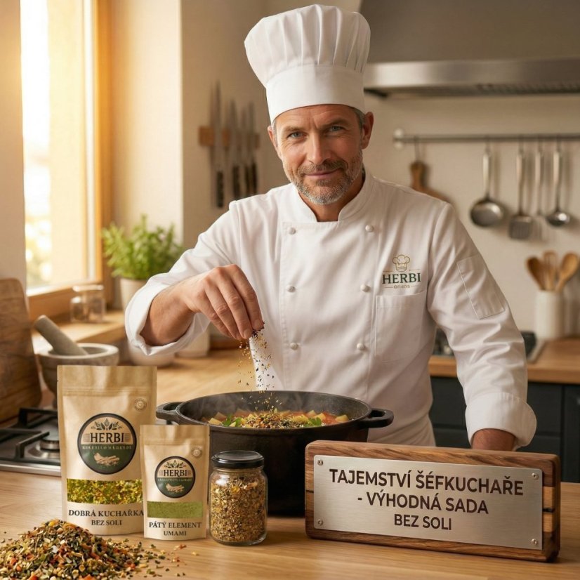 Tajemství šéfkuchaře – výhodná sada koření bez soli a glutamátu, Dobrá kuchařka 200 g a Pátý element umami 50 g