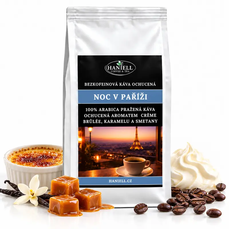 Bezkofeinová zrnková káva Noc v Paříži – crème brûlée, karamel a smetana - Hmotnost: 500 g