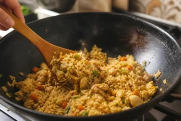 Restování nasi goreng v rozpáleném černém woku