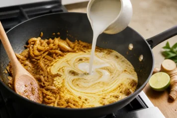 Kokosové mlieko sa pridáva do opečeného korenia