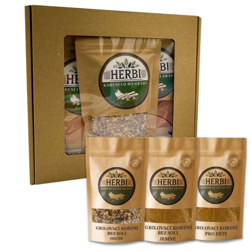 HERBI Dárková sada Rodinný gril – 3× koření bez soli v dárkové krabičce