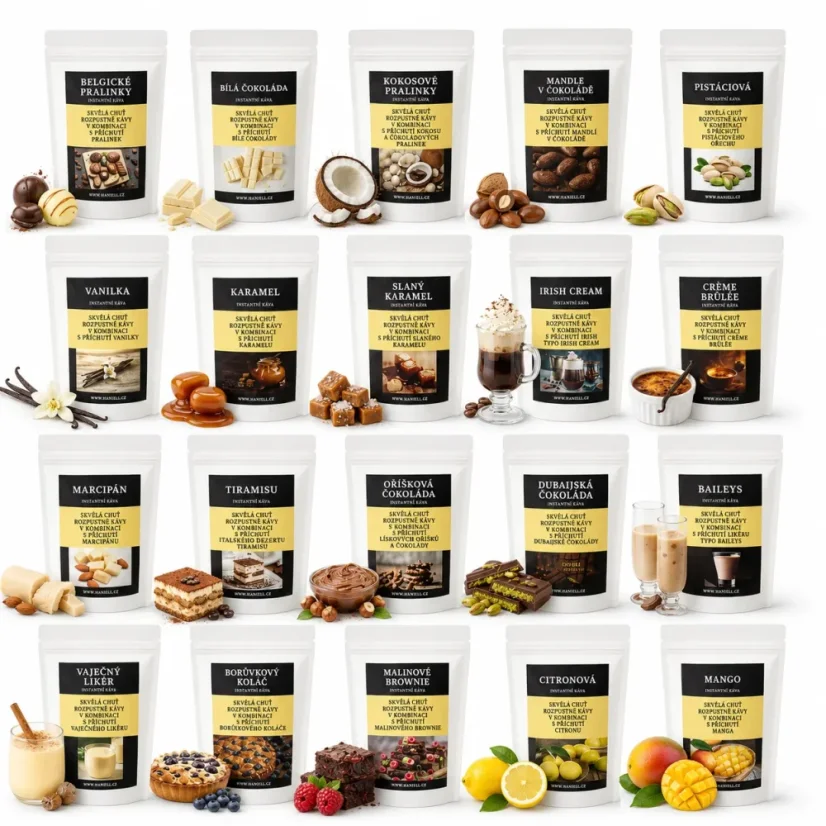 Degustační sada rozpustné kávy Trezor chutí 20×25g – ochucená káva bez cukru
