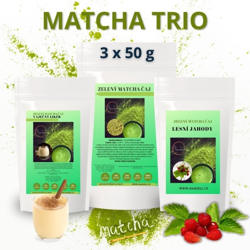 Sada Matcha Trio 3 x 50 g: sladká jahoda, Vaječný likér, čistá energie