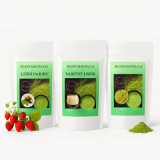 Sada Matcha Trio 3 x 50 g: sladká jahoda, Vaječný likér, čistá energia Sada Matcha Trio 3 x 50 g: sladká jahoda, Vaječný likér, čistá energia