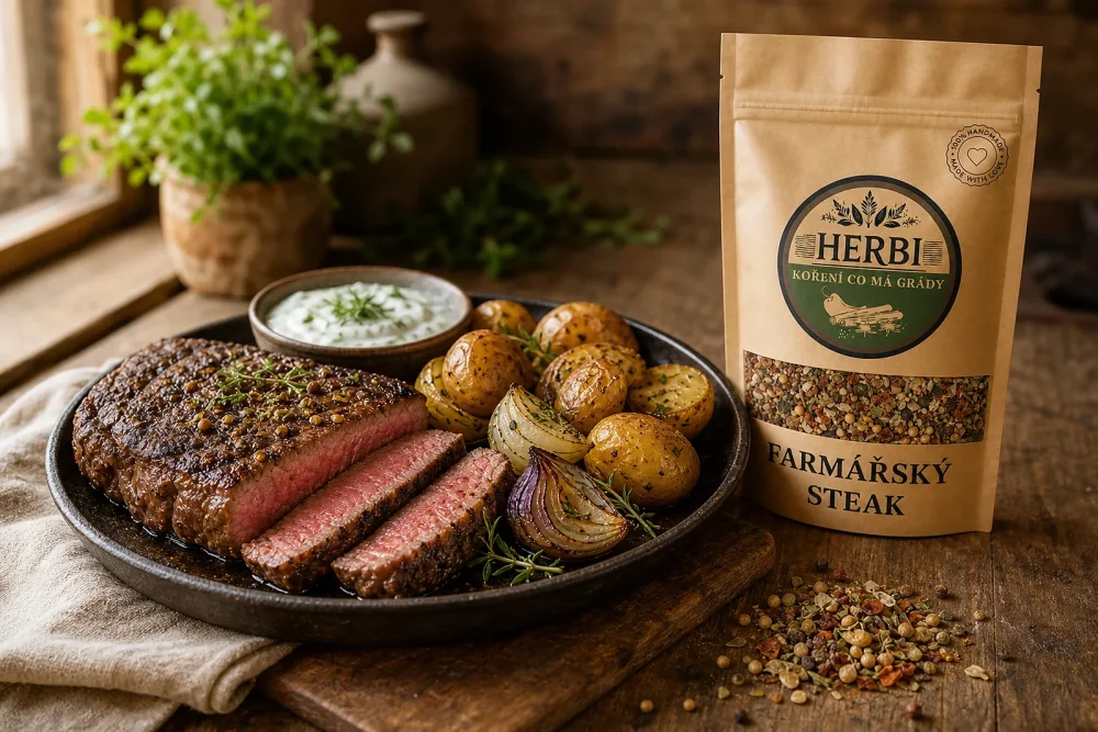 Čerstvě okořeněný steak na grilu, vůně rozmarýnu a bylin