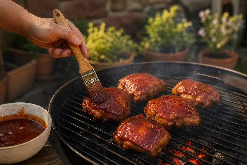Potieranie kuracieho mäsa barbecue omáčkou na grile