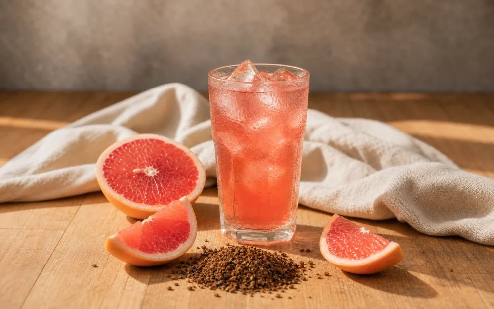 Sklenice ledového cold brew čaje s růžovým grepem a ledem, svěží citrusová nálada