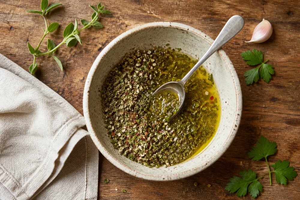 Příprava chimichurri z bylinkové směsi, oleje a octa
