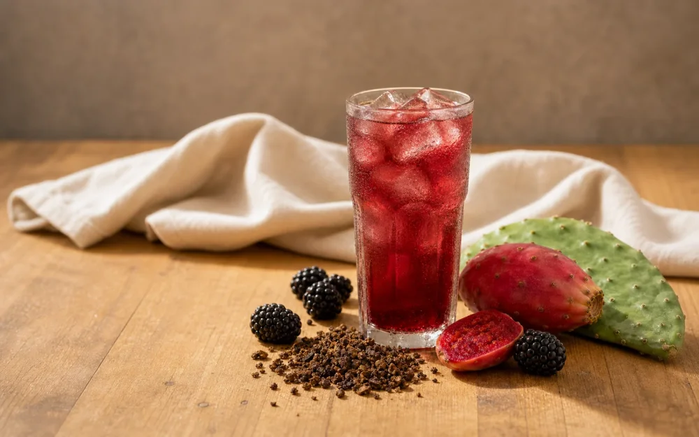 Pohár s tmavočerveným cold brew čajom s černicou a kaktusom, ľad a čerstvé ovocie