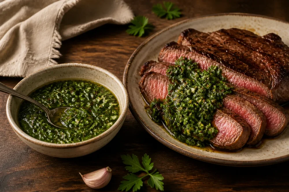 Chimichurri omáčka v misce se steakem