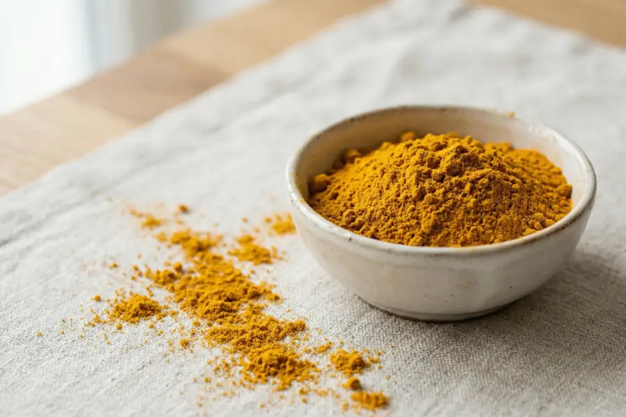 Čerstvé podzemky kurkumy na drevenom podklade