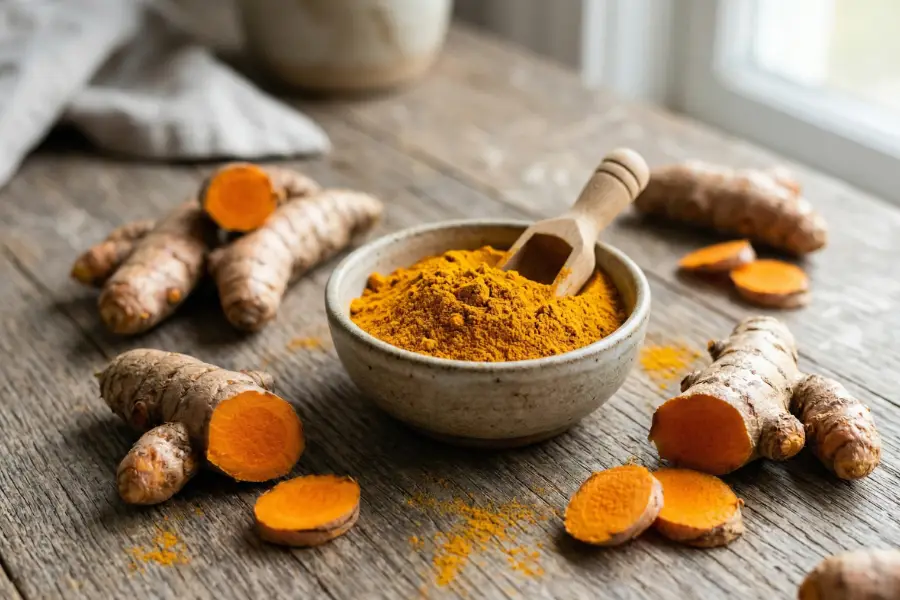 Kôpka jemne mletej kurkumy sýtožltej až oranžovej farby