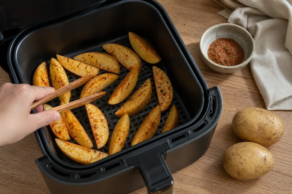 Americké brambory v koši horkovzdušné fritézy